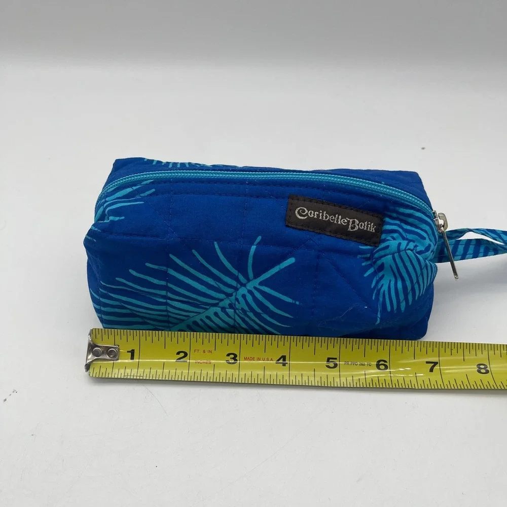 Caribelle Batik Quilted Blue Teal Palm Leaf Makeup Cosmetic Bag Wristlet Pouch
